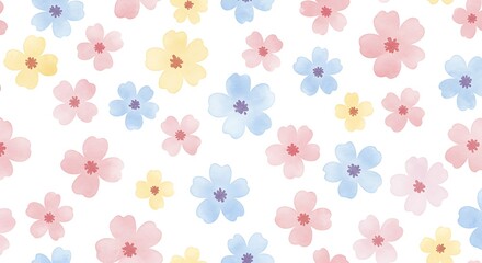 A delicate and charming pattern of pastel watercolor flowers in pink, blue, and yellow, scattered across a clean white background.
