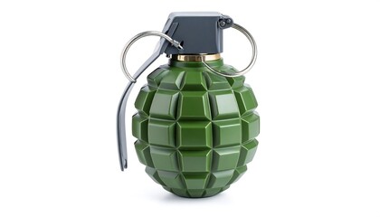 Close up of a green grenade against a white background. The image highlights the details of the weapon. Isolated grenade