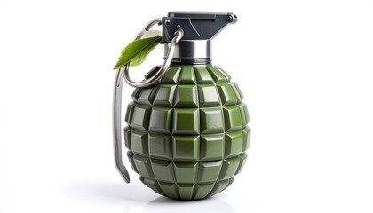 Studio shot of a green hand grenade with a small green leaf on top against a white background