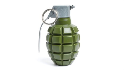 Green grenade isolated on a white background. Metallic details and overall object. Weaponry concept and military theme. Single object studio shot