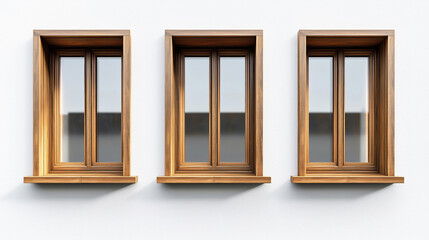 Obraz premium Three identical modern wooden windows with brown frames on plain white exterior wall