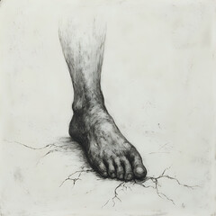 The image is a black and white sketch depicting a human foot in a close-up perspective, with cracked and rough ground beneath it, suggesting a sense of struggle or weariness.