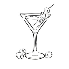 Dirty Martini Cocktail Drink Sketch Vector Illustration Isolated on white Background. Doodle Drawing Martini with Olive Perfect for Menu, Restaurant, Banner, Poster, Party, Festival, Bar, Drink Recipe