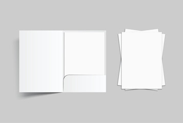 A4 paper with Single Pocket Folder, open leaflet, bifold mockup isolated on background. Blank folder paper template for business presentation document, flyer, catalogue, advertising or creative work
