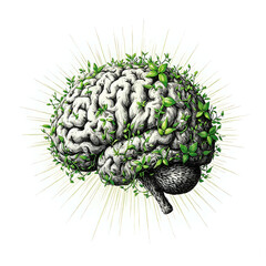 The image is a stylized illustration depicting a brain with green leaves sprouting from it, set against a white background with radiating lines.