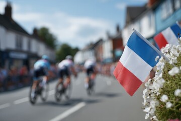 Fototapeta premium Cyclists racing past vibrant flowers and French flags, capturing