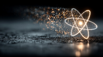 A glowing atom model floats in space against a bright, radiant background, symbolizing scientific discovery, atomic structure, and the essence of physics. The design features a clean composition with 