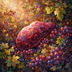 The image showcases a vibrant, surrealistic depiction of a red, purple, and yellow fruit nestled amid a sea of colorful leaves, with the sun's rays filtering through and casting a warm glow on the sce