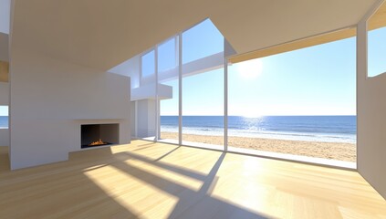 Open-plan, modern living room with ocean views