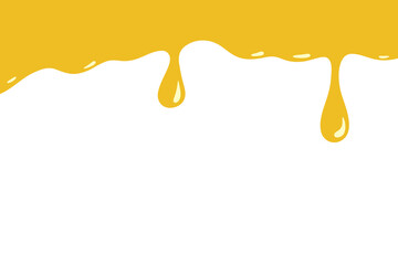 Dripping liquid honey, caramel, syrup on a white background, cartoon vector illustration, flat design. Decorative element for decoration, labels, covers with a place for text. Yellow curves, drops 