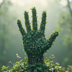 A digital illustration of a hand-shaped bush covered in vines, with green leaves emerging from the vines, set against a blurred natural background.