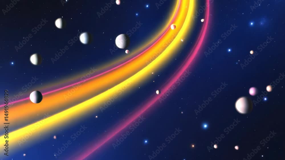 Poster a colorful space background with many small dots. some of the dots are red, blue, and purple