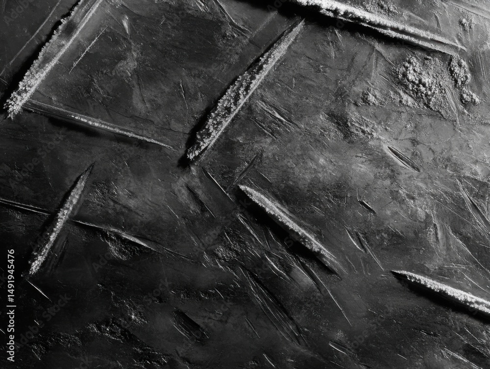 Poster abstract ice surface close up showing frozen patterns and textures in black and white monochrome aer