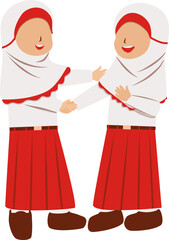 Joyful Muslim Girls Student in School Uniforms, Friendship Illustration