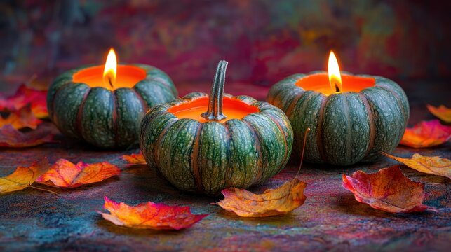 Three small, carved pumpkin candles, autumnal colors