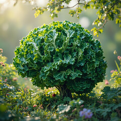 A dense, leafy tree with a vibrant green canopy is surrounded by a lush garden filled with various plants and flowers, with sunlight filtering through the foliage.
