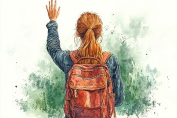 Watercolor Painting of a Young Woman with Backpack Waving Goodbye