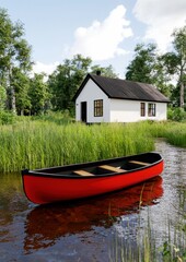 Fototapeta premium Red Canoe Docked Near White Cottage in Summer Landscape