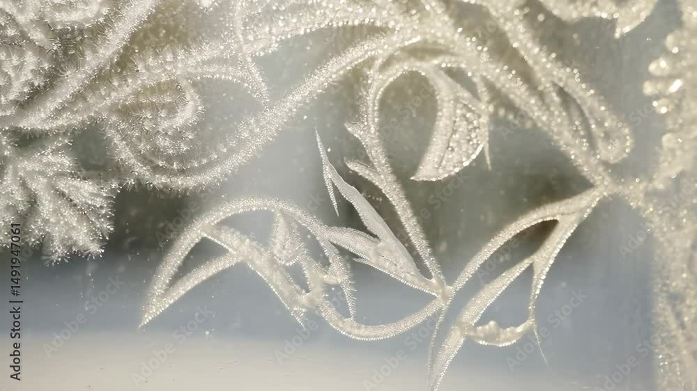 Poster extreme close-up of intricate frost patterns on a window, depicting floral and abstract shapes with 