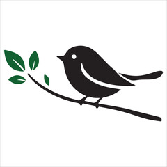 Obraz premium charming bird on a branch silhouette vector, A captivating black and white silhouette image showcasing four birds perched on a lush tree branch adorned with leaves