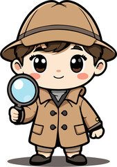 Vector Illustration of a Cute Cartoon Girl Detective Character in Chibi Style Wearing Brown Trench Coat and Hat Holding Magnifying Glass &ndash; Flat Design for Kids and Mystery Concepts