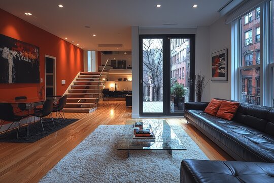 Elegant Victorian townhouse living and dining area with leather sofas, glass coffee table, wooden floors, white walls and red accent wall with open staircase door