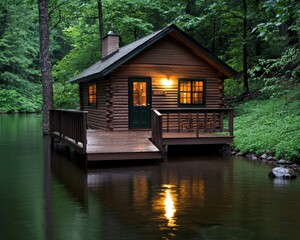 Obraz premium Secluded Log Cabin on Tranquil Lake at Dusk