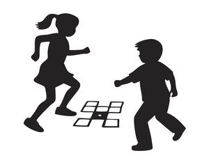 Fototapeta premium Silhouette of Children Playing Hopscotch, Classic Playground Game Silhouette, Transparent Background