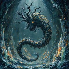 A fantastical creature with a long, twisted body resembling a snake or a serpent, glowing with an orange light in the center, is set against a dark, mystical backdrop.
