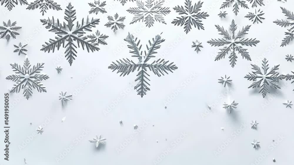 Poster A white background with snowflakes falling from the sky. The snowflakes are all different sizes and shapes