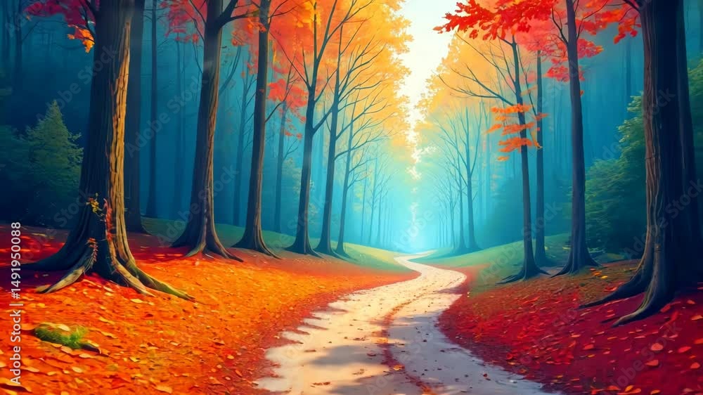Fototapete A path through a forest with trees on either side. The path is lined with leaves and there is a road in the middle
