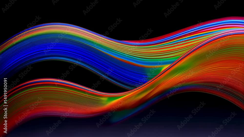Poster swirling abstract rainbow spectrum on dark backdrop - colorful waves moving in fluid motion for visu