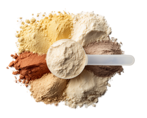 Assortment of Protein Powders with Measuring Scoop, PNG