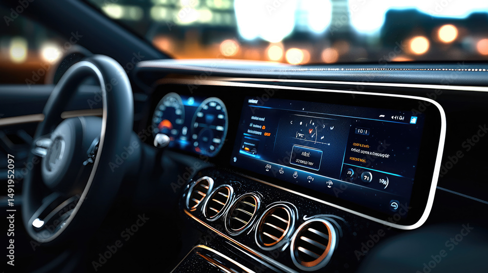 Poster Modern car dashboard with smart interface, digital display, navigation, and illuminated controls in luxury vehicle interior