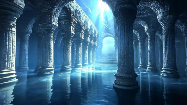 Submerged ancient hall, ethereal light, water reflects columns