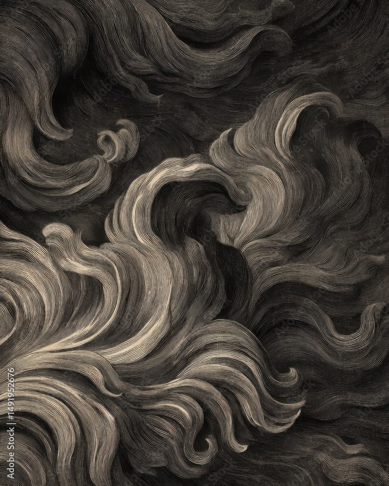 Poster engraved swirls and waves in monochrome art style close up abstract pattern background texture illus