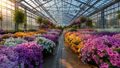 Large greenhouse with vibrant petunias and flowers, commercial plant market ready
