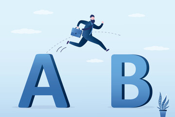 Ambitious entrepreneur jump to alternative solution. Businessman passes to second plan, Success solution, Contingency plan concept. Change or transformation to new opportunity.