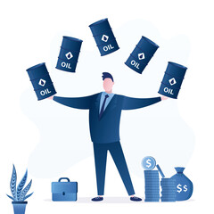 Businessman juggles oil barrels. High demand or energy or gasoline industry concept. Commodity market, petroleum speculation. Successful trader investor juggling oil gallons.