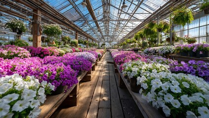 Large greenhouse with vibrant petunias and flowers, commercial plant market ready