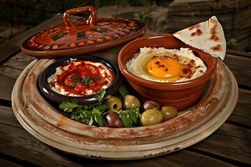 A colorful assortment of Mediterranean meze, including hummus, olives, and pita with herbs.