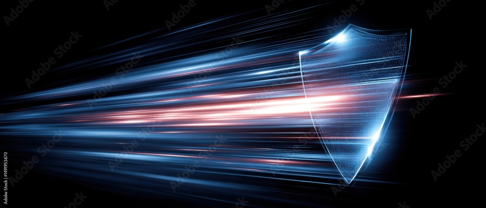 Poster digital shield deflecting cyber attack with speed lines on black background cybersecurity concept pr