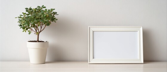 Minimalist still life featuring potted plant and blank picture frame on table against neutral wall studio shot