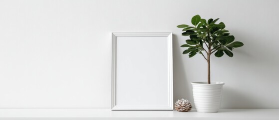 Blank White Frame Mockup on Shelf with Potted Plant and Pinecone Minimalist Style Home Decor Neutral Background
