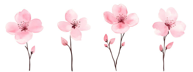 Delicate pink cherry blossom branch watercolor illustration with blooming flowers and buds isolated on transparent background