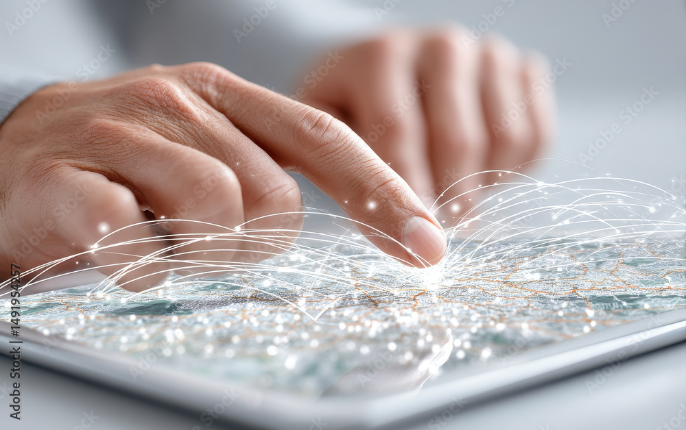 Aufkleber close up of hand interacting with digital map on tablet showing network connections and glowing poin