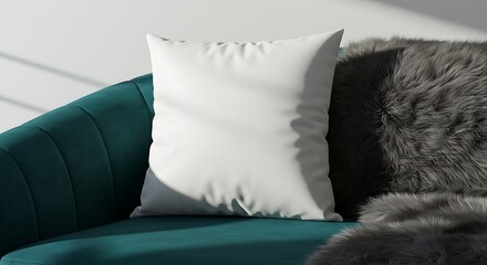 White Pillow on Teal Sofa with Fur Blanket