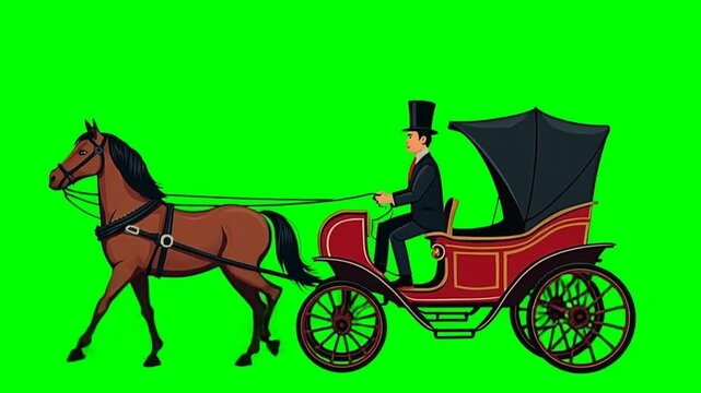 Artistic vintage carriage,  horse harnessed to an old-fashioned carriage with a driver in a top hat, flat vector cartoon style, green screen, chromakey, footage, loop, mockup