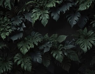 Intricate dark tropical leaves, vines, shadows  Black background ,  exotic,  illustration