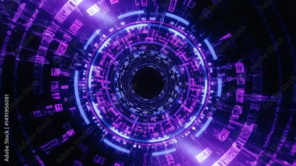 Poster colorful visual journey through abstract digital vortex with swirling patterns and dynamic lights at